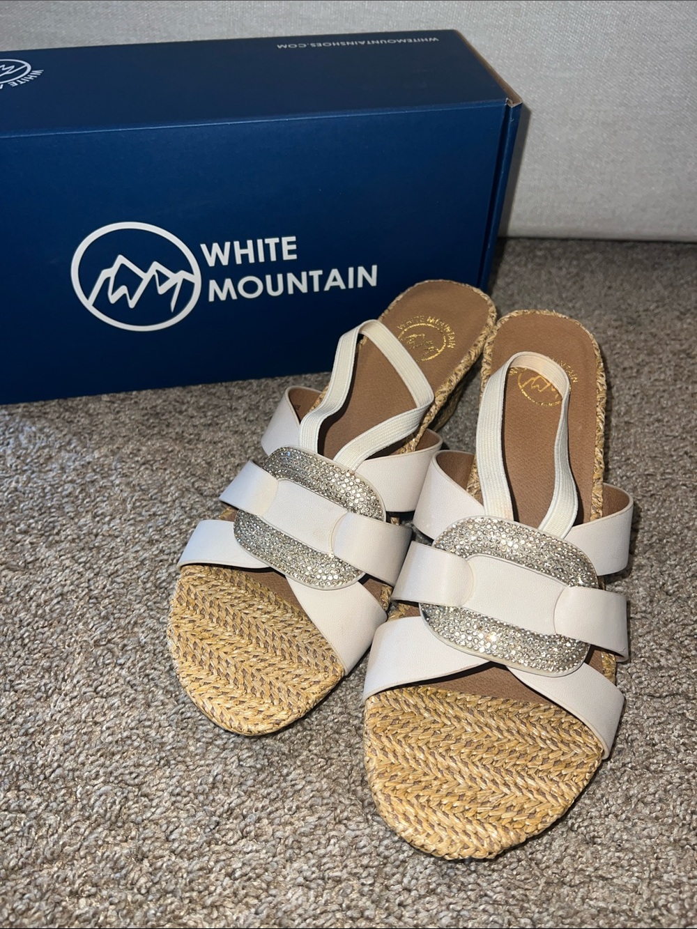 White Mountain Atavi Cream Wedge Sandals with Glitter Buckle